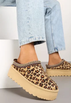 Beżowo-Brązowe Śniegowce na Platformie Ozdobione Haftem i Niską Cholewką w Panterkę Reanessa