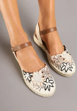 Beżowo-Brązowe Sandały w Stylu Espadryli z Plecionką i Haftem Lealisse