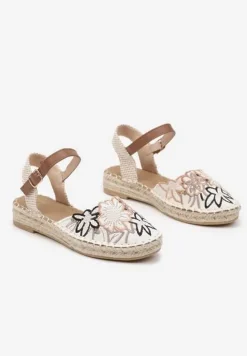 Beżowo-Brązowe Sandały w Stylu Espadryli z Plecionką i Haftem Lealisse