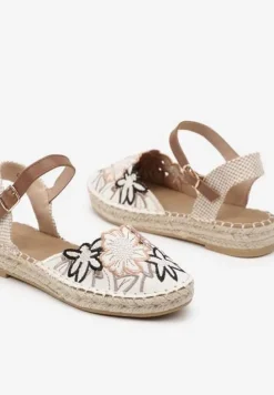 Beżowo-Brązowe Sandały w Stylu Espadryli z Plecionką i Haftem Lealisse