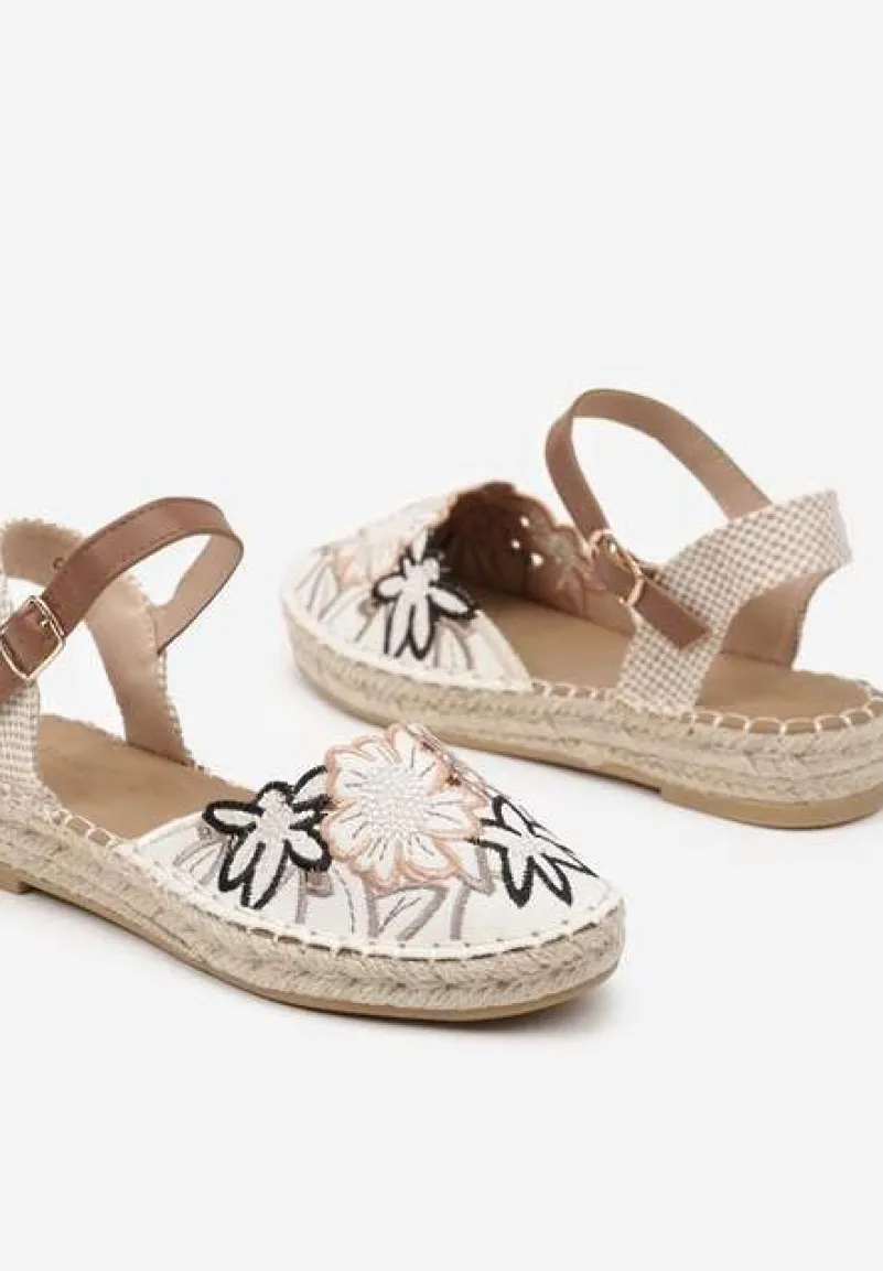 Beżowo-Brązowe Sandały w Stylu Espadryli z Plecionką i Haftem Lealisse
