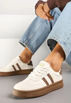 Beżowo-Brązowe Sneakersy Sportowe z Ozdobnymi Paskami i Przeszyciami Wenilan
