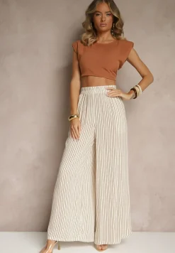 Beżowo-Brązowe Szerokie Spodnie High Waist w Paski z Bawełny Silorea