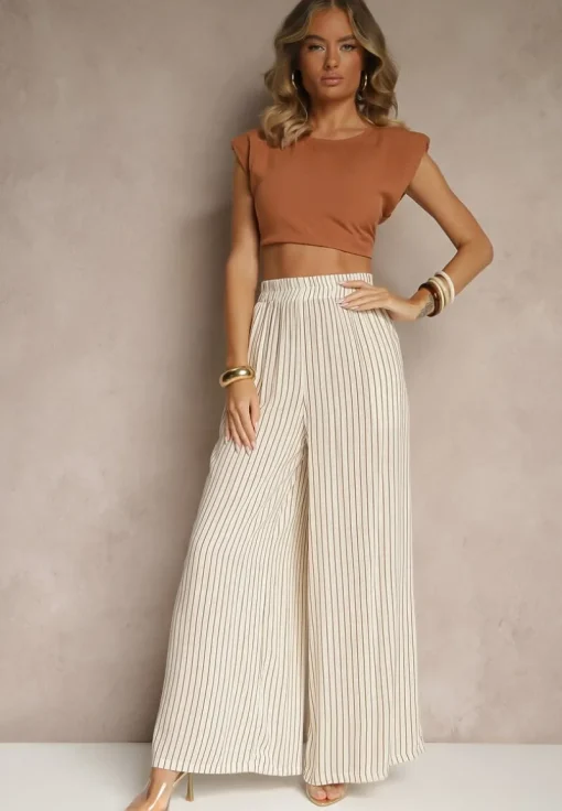Beżowo-Brązowe Szerokie Spodnie High Waist w Paski z Bawełny Silorea