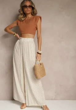 Beżowo-Brązowe Szerokie Spodnie High Waist w Paski z Bawełny Silorea