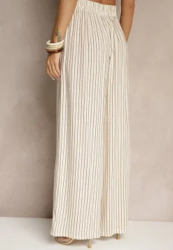 Beżowo-Brązowe Szerokie Spodnie High Waist w Paski z Bawełny Silorea