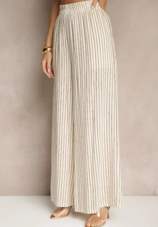 Beżowo-Brązowe Szerokie Spodnie High Waist w Paski z Bawełny Silorea