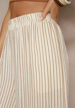 Beżowo-Brązowe Szerokie Spodnie High Waist w Paski z Bawełny Silorea