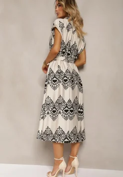 Beżowo-Czarna Sukienka Boho na Guziki z Wiskozą Ozdobiona Paskiem Mosofia