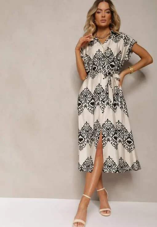 Beżowo-Czarna Sukienka Boho na Guziki z Wiskozą Ozdobiona Paskiem Mosofia