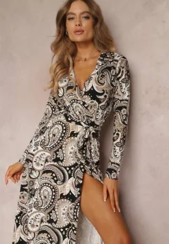 Beżowo-Czarna Sukienka Maxi z Wiązana w Pasie Rosali