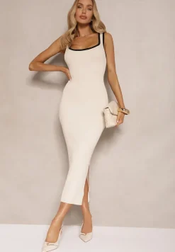 Beżowo-Czarna Sukienka z Wiskozą Typu Bodycon z Prążkowanego Materiału Erilwenis