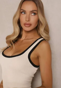 Beżowo-Czarna Sukienka z Wiskozą Typu Bodycon z Prążkowanego Materiału Erilwenis