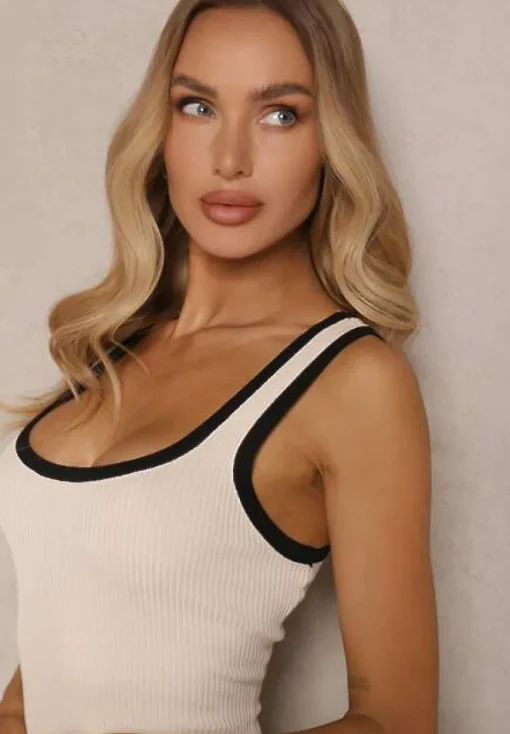 Beżowo-Czarna Sukienka z Wiskozą Typu Bodycon z Prążkowanego Materiału Erilwenis