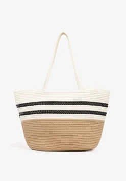 Beżowo-Czarna Torebka Shopper z Bawełny Ozdobiona Paskami Izoeira