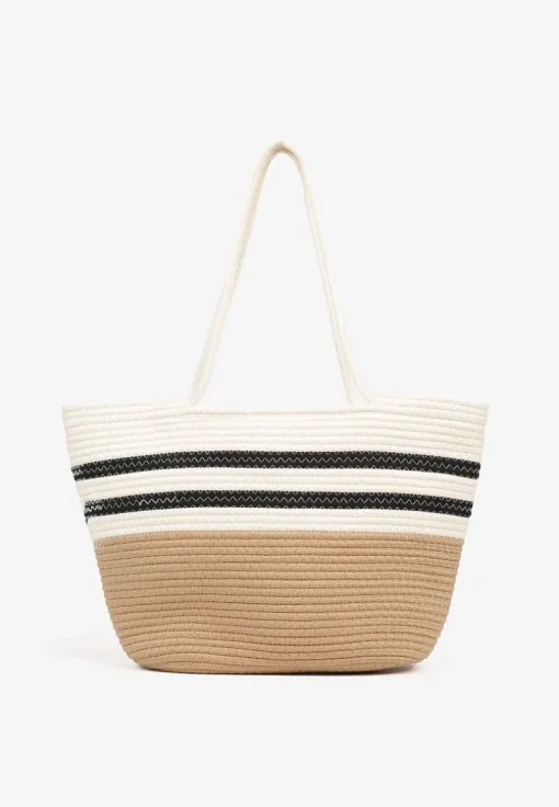 Beżowo-Czarna Torebka Shopper z Bawełny Ozdobiona Paskami Izoeira