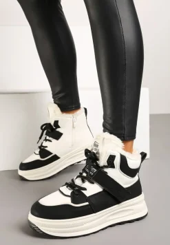 Beżowo-Czarne Płaskie Sneakersy za Kostkę z Ociepleniem Riavielle
