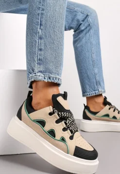 Beżowo-Czarne Sneakersy na Platformie Nazario