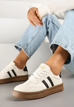 Beżowo-Czarne Sneakersy Sportowe z Ozdobnymi Paskami i Przeszyciami Wenilan