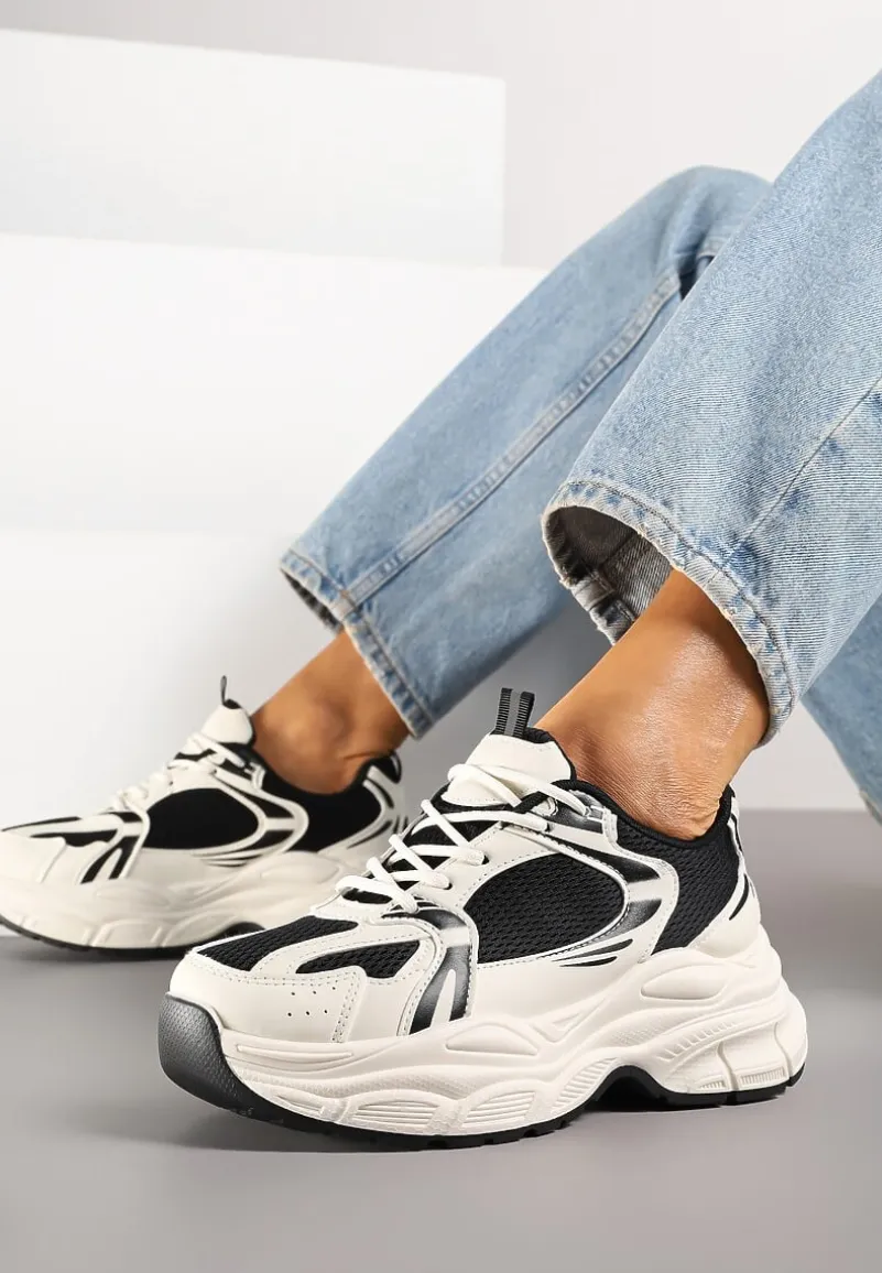 Beżowo-Czarne Sneakersy Vices na Platformie Ozdobione Tłoczeniem Natiselle