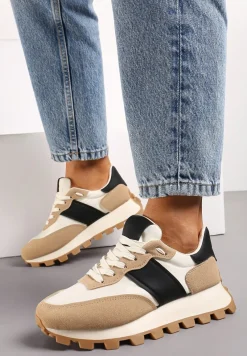 Beżowo-Czarne Sznurowane Sneakersy na Podeszwie z Bieżnikiem Ozdobione Przeszyciami Flipa
