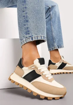 Beżowo-Czarne Sznurowane Sneakersy na Podeszwie z Bieżnikiem Ozdobione Przeszyciami Flipa