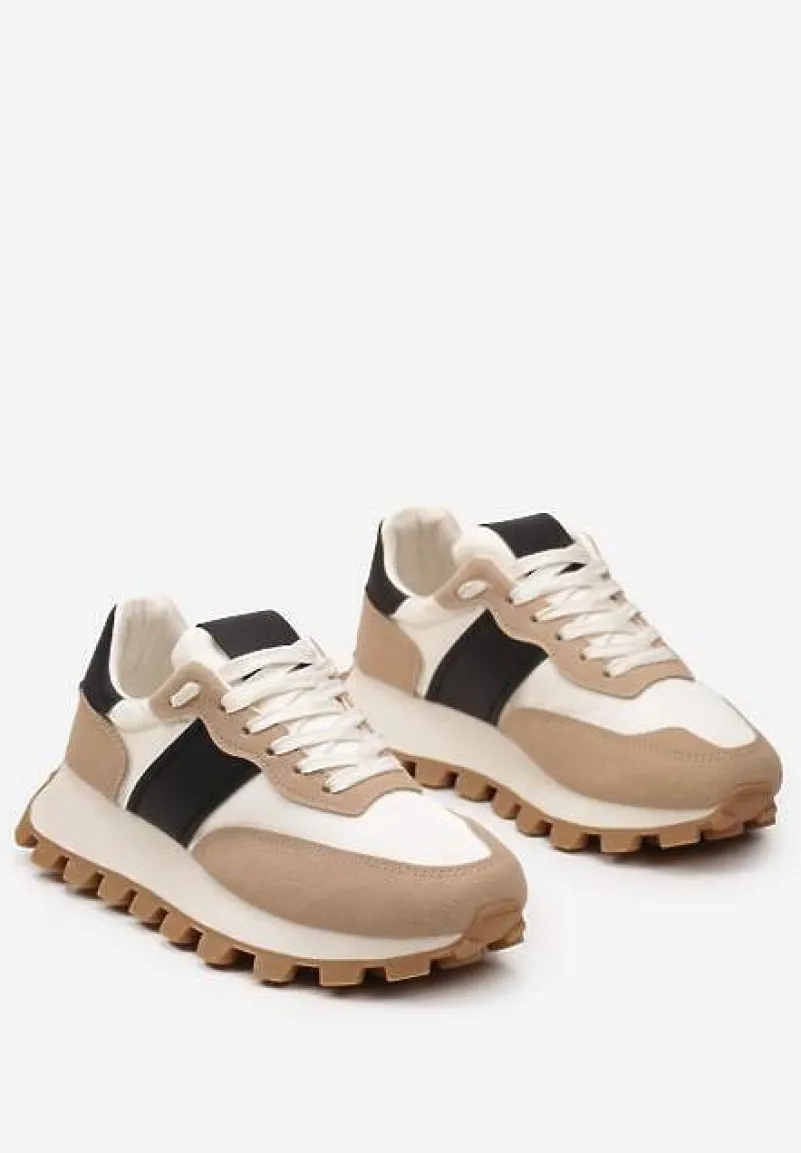 Beżowo-Czarne Sznurowane Sneakersy na Podeszwie z Bieżnikiem Ozdobione Przeszyciami Flipa