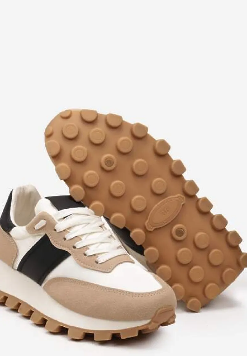 Beżowo-Czarne Sznurowane Sneakersy na Podeszwie z Bieżnikiem Ozdobione Przeszyciami Flipa