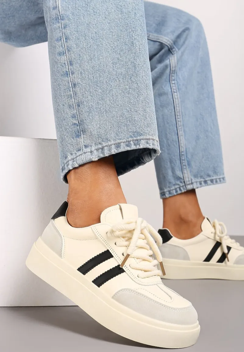 Beżowo-Czarne Sznurowane Sneakersy na Platformie Ozdobione Paskami Tialise