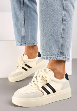 Beżowo-Czarne Sznurowane Sneakersy na Platformie Ozdobione Paskami Tialise
