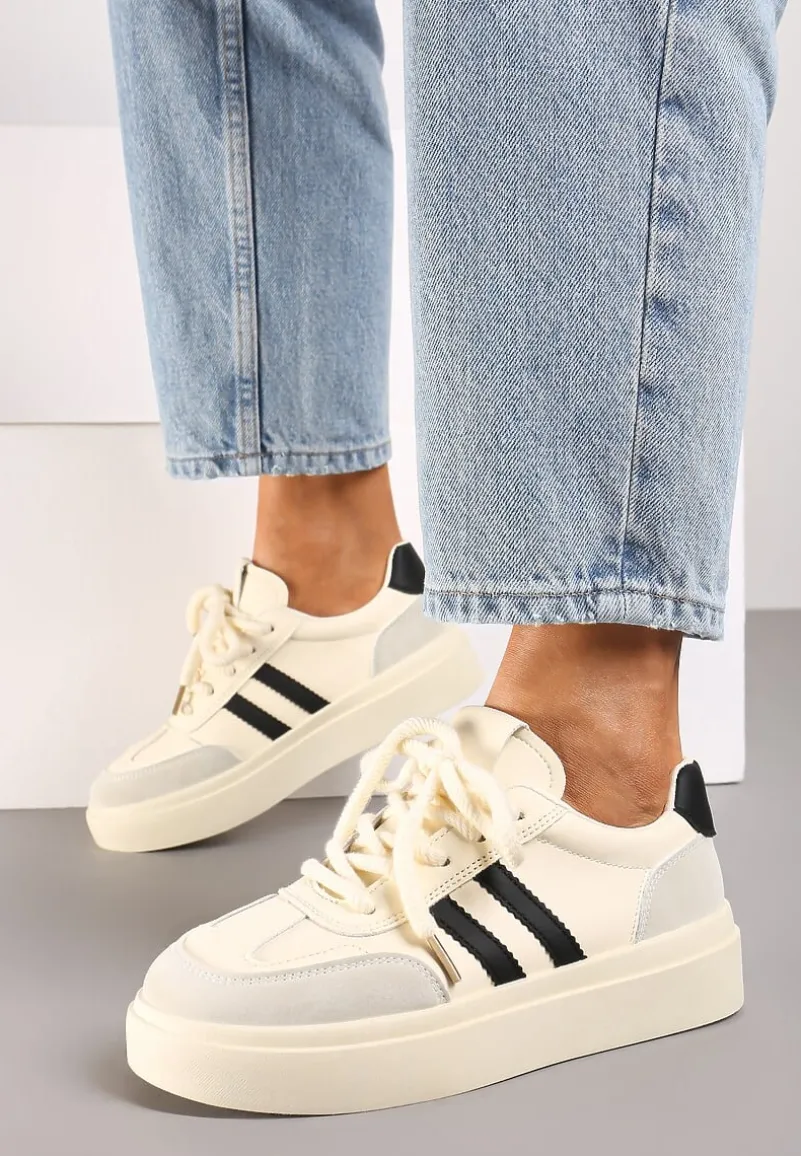 Beżowo-Czarne Sznurowane Sneakersy na Platformie Ozdobione Paskami Tialise