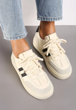 Beżowo-Czarne Sznurowane Sneakersy na Platformie Ozdobione Paskami Tialise
