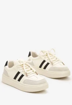 Beżowo-Czarne Sznurowane Sneakersy na Platformie Ozdobione Paskami Tialise