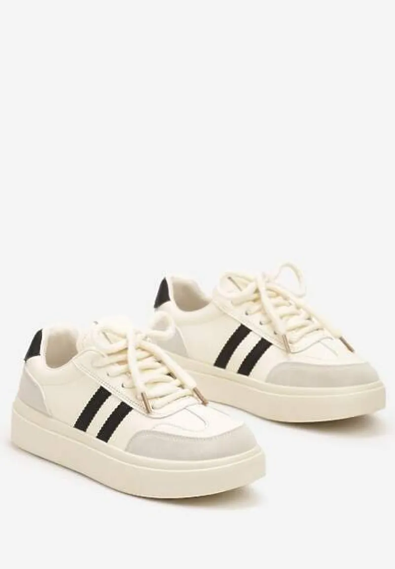 Beżowo-Czarne Sznurowane Sneakersy na Platformie Ozdobione Paskami Tialise