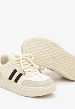 Beżowo-Czarne Sznurowane Sneakersy na Platformie Ozdobione Paskami Tialise