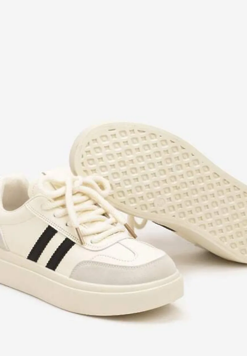 Beżowo-Czarne Sznurowane Sneakersy na Platformie Ozdobione Paskami Tialise