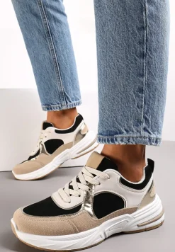 Beżowo-Czarne Sznurowane Sneakersy Ozdobione Metaliczną Wstawką Kizria