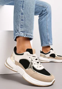 Beżowo-Czarne Sznurowane Sneakersy Ozdobione Metaliczną Wstawką Kizria