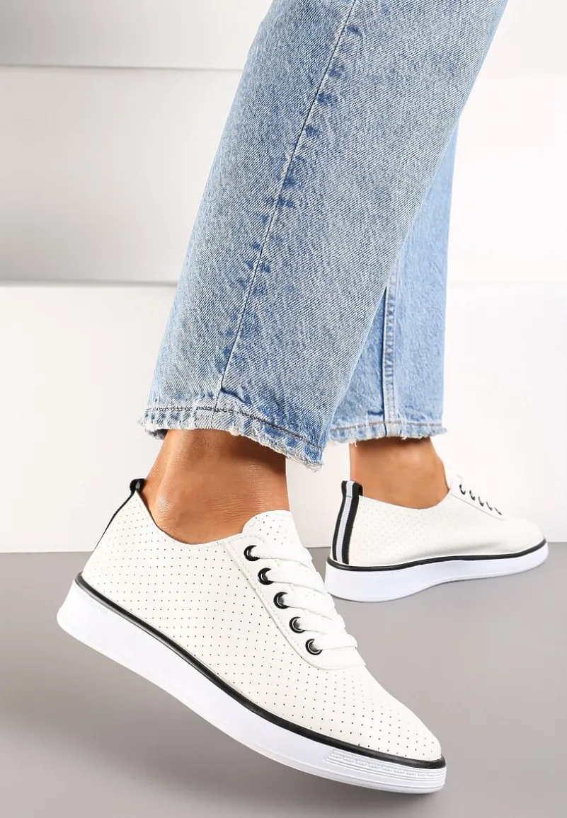 Beżowo-Czarne Sznurowane Tenisówki z Ozdobną Taśmą na Tyle i Perforacją Kavinna