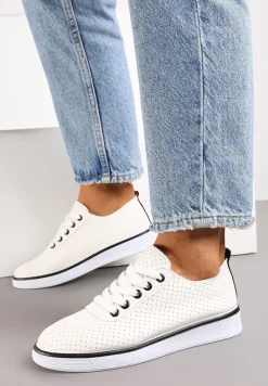 Beżowo-Czarne Sznurowane Tenisówki z Ozdobną Taśmą na Tyle i Perforacją Kavinna