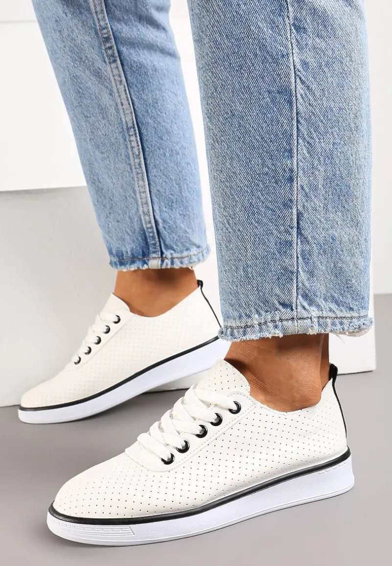 Beżowo-Czarne Sznurowane Tenisówki z Ozdobną Taśmą na Tyle i Perforacją Kavinna