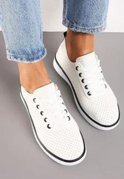 Beżowo-Czarne Sznurowane Tenisówki z Ozdobną Taśmą na Tyle i Perforacją Kavinna