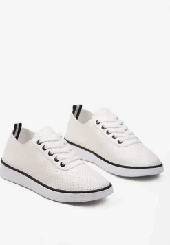 Beżowo-Czarne Sznurowane Tenisówki z Ozdobną Taśmą na Tyle i Perforacją Kavinna