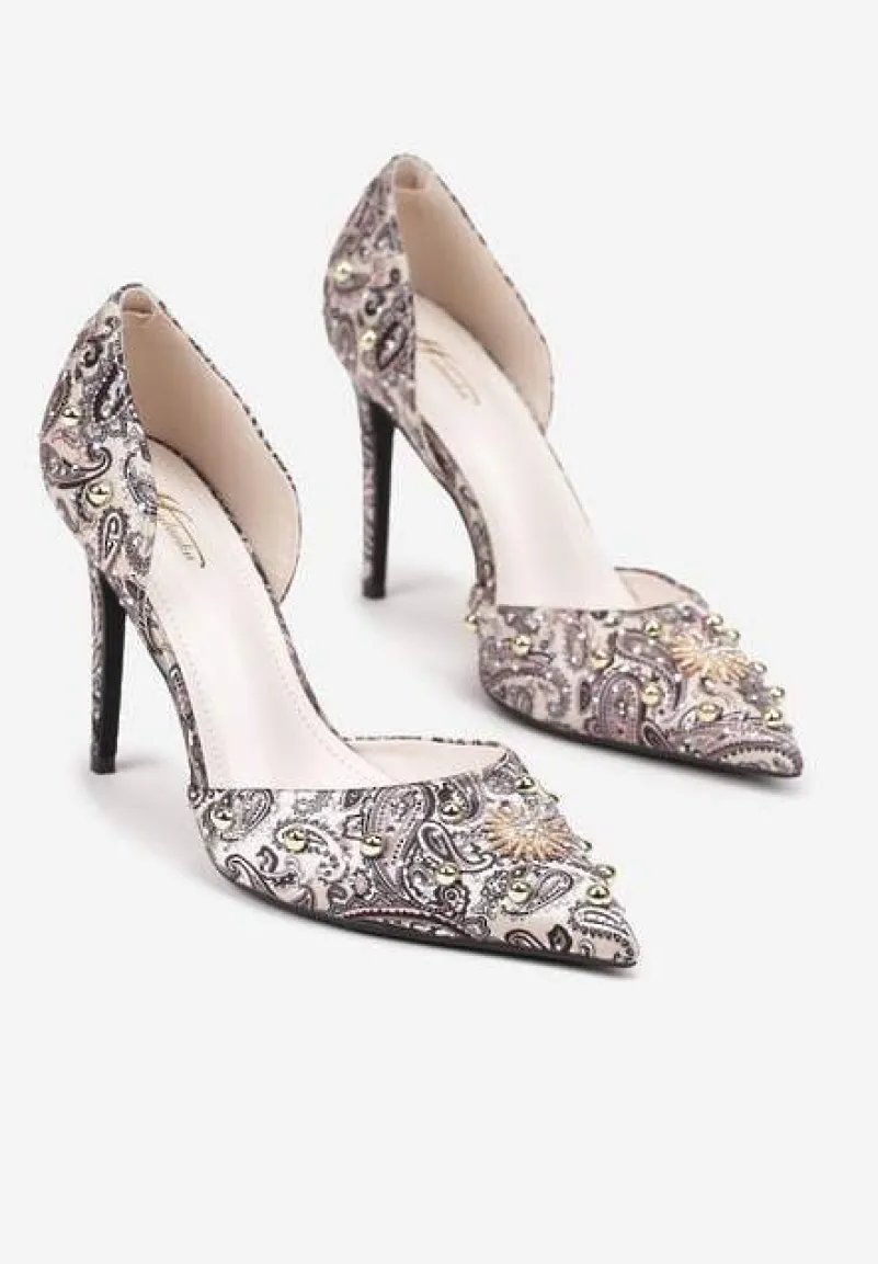 Beżowo-Czarne Szpilki z Noskiem w Szpic z Oryginalnym Wzorem z Cyrkoniami i Nitami Alfiratte