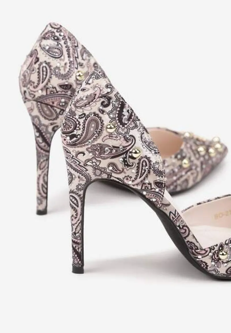 Beżowo-Czarne Szpilki z Noskiem w Szpic z Oryginalnym Wzorem z Cyrkoniami i Nitami Alfiratte