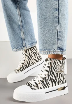 Beżowo-Czarne Trampki na Platformie za Kostkę Ozdobione Printem w Zeberkę i Naszywką Joliris