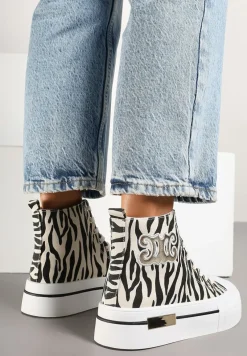 Beżowo-Czarne Trampki na Platformie za Kostkę Ozdobione Printem w Zeberkę i Naszywką Joliris