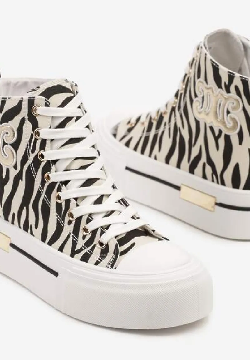 Beżowo-Czarne Trampki na Platformie za Kostkę Ozdobione Printem w Zeberkę i Naszywką Joliris