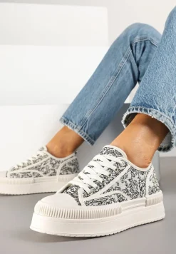 Beżowo-Czarne Trampki na Platformie z Abstrakcyjnym Wzorem Wulinea