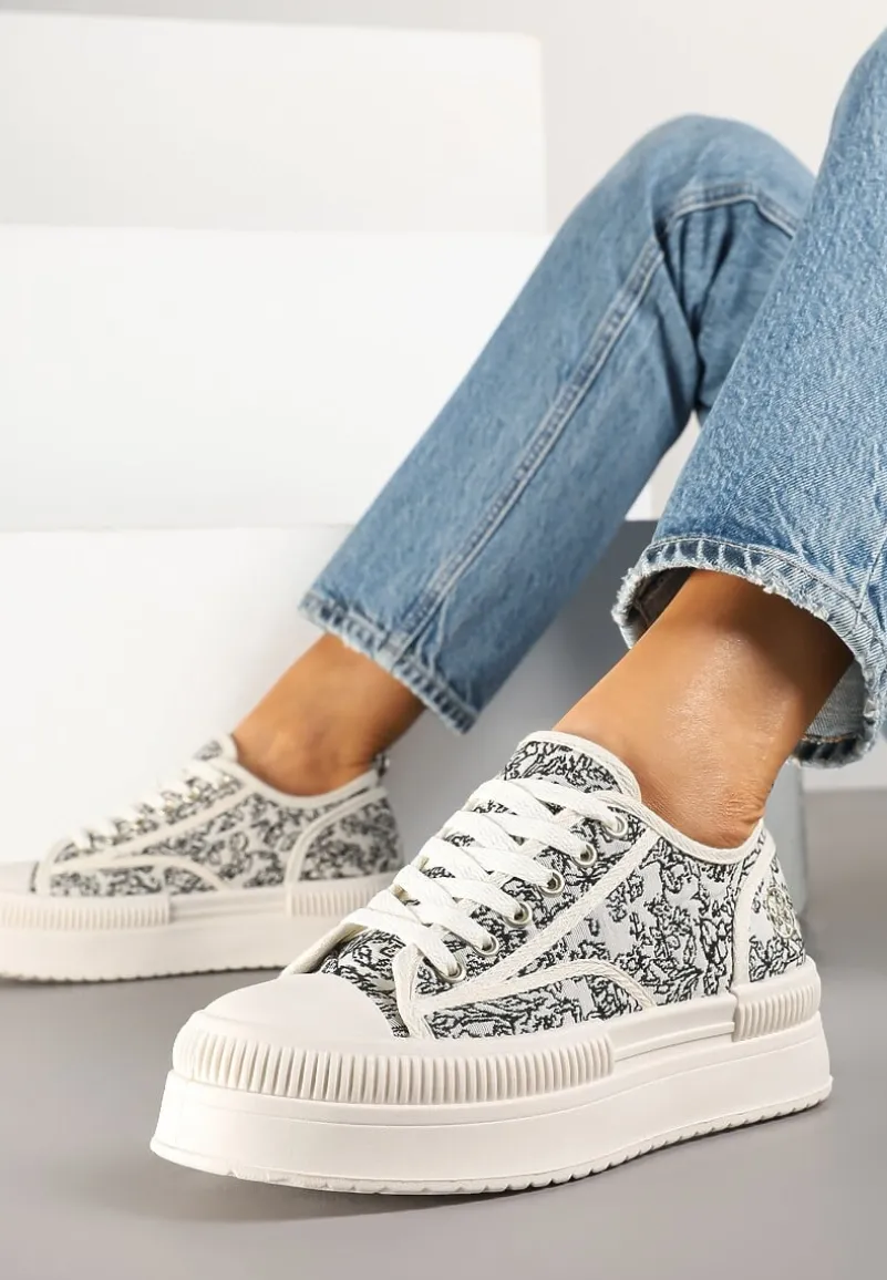 Beżowo-Czarne Trampki na Platformie z Abstrakcyjnym Wzorem Wulinea